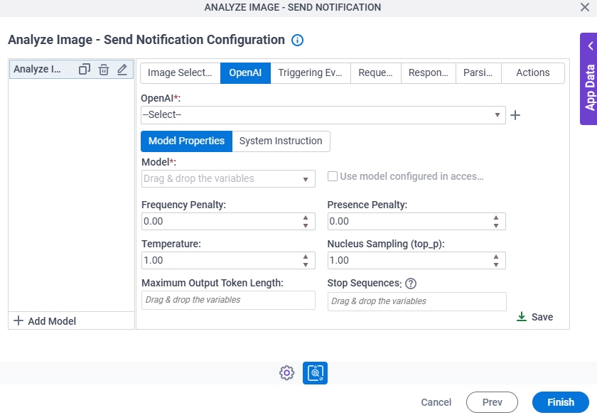 Analyze Image Send Notification Configuration OpenAI Model Properties tab