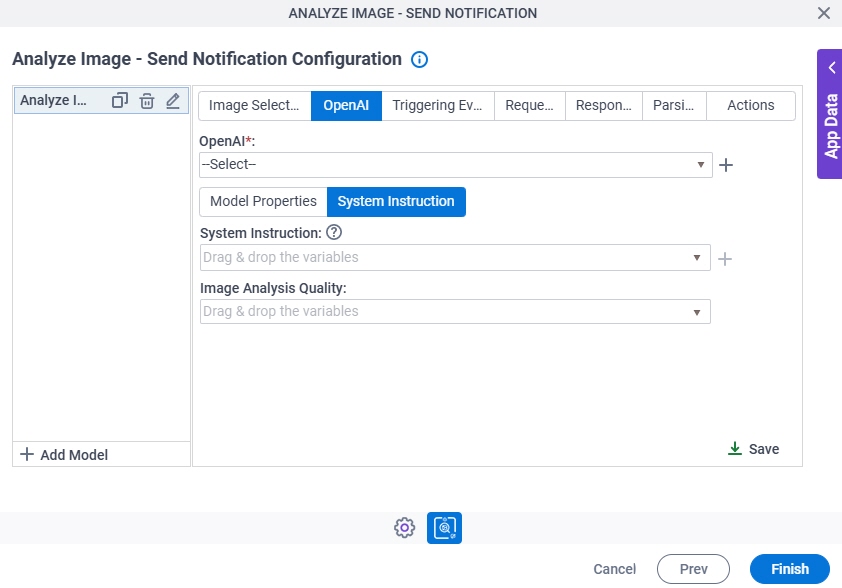 Analyze Image Send Notification Configuration OpenAI System Instruction tab