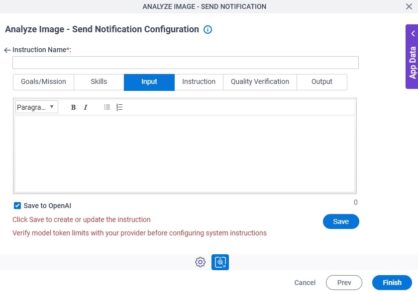 Analyze Image Send Notification Configuration System Instruction Input tab