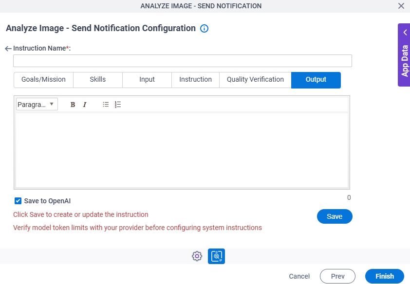 Analyze Image Send Notification Configuration System Instruction Output tab