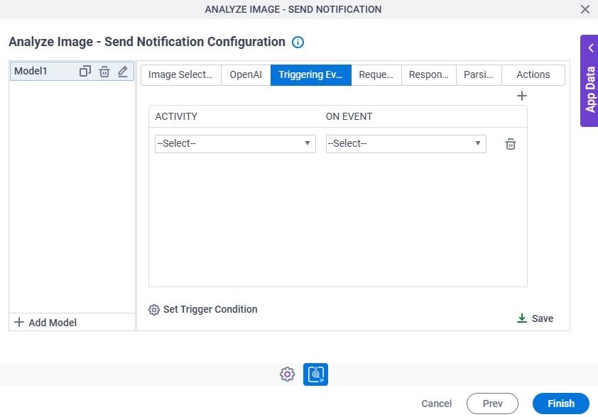 Analyze Image Send Notification Configuration Triggering Event tab