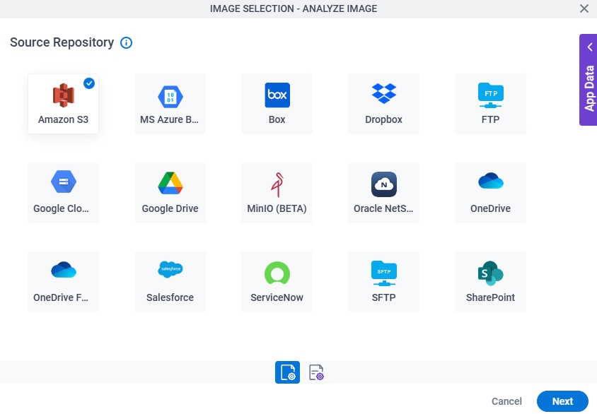 Analyze Image Configuration Image Selection Source Repository screen