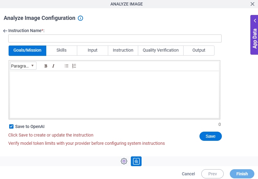 Analyze Image Configuration System Instruction Goals Mission tab