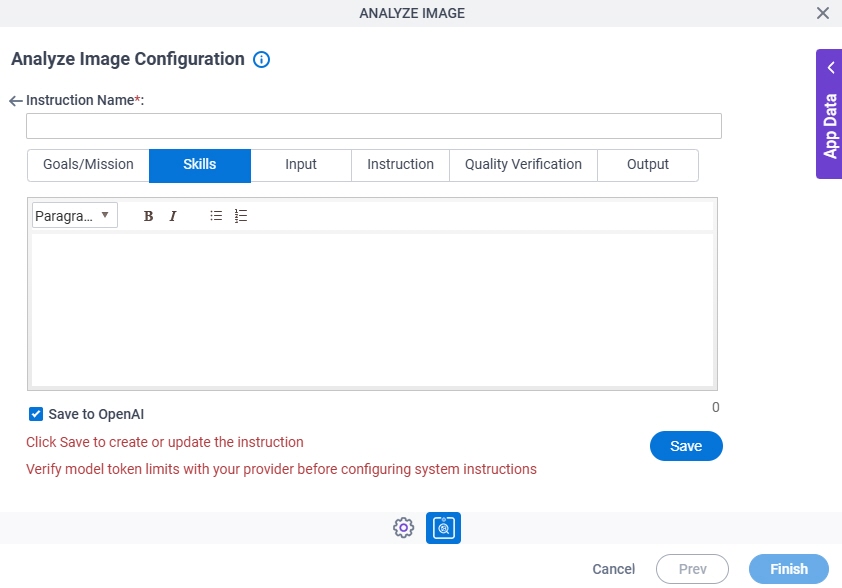 Analyze Image Configuration System Instruction Skills tab