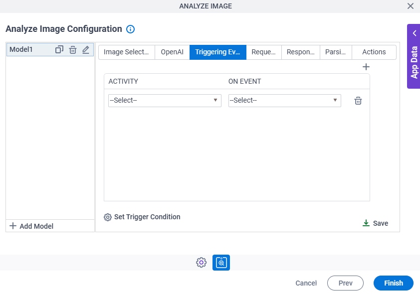Analyze Image Configuration Triggering Event tab
