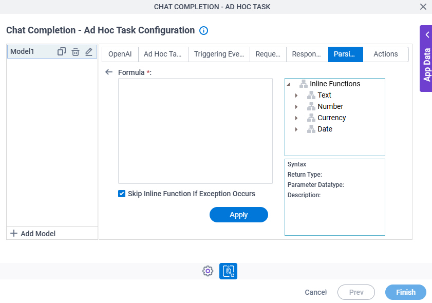 Chat Completion Ad Hoc Task Configuration Parsing Inline Function screen