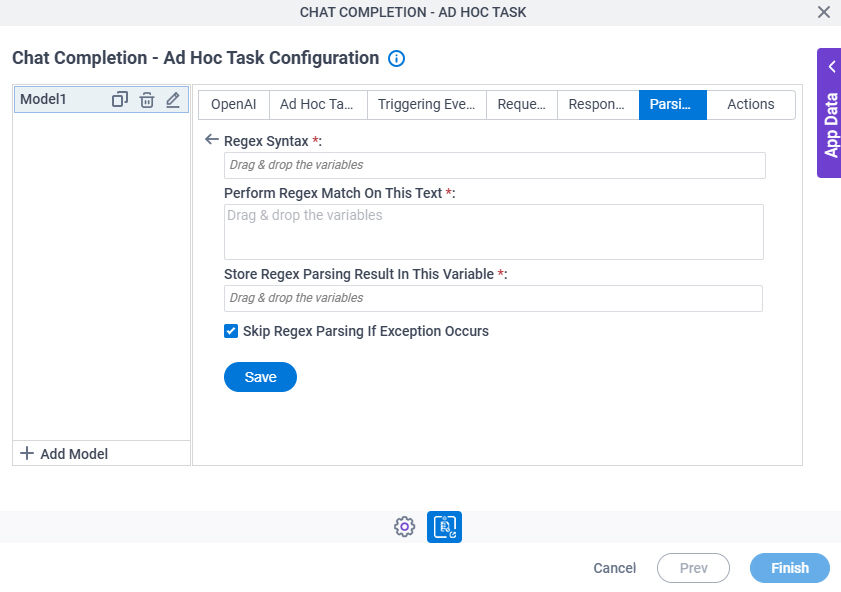 Chat Completion Ad Hoc Task Configuration Parsing Regex Parsing screen