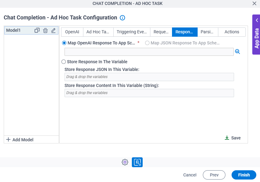 Chat Completion Ad Hoc Task Configuration Response tab