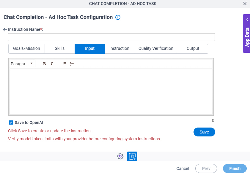 Chat Completion Ad Hoc Task Configuration System Instruction Input tab