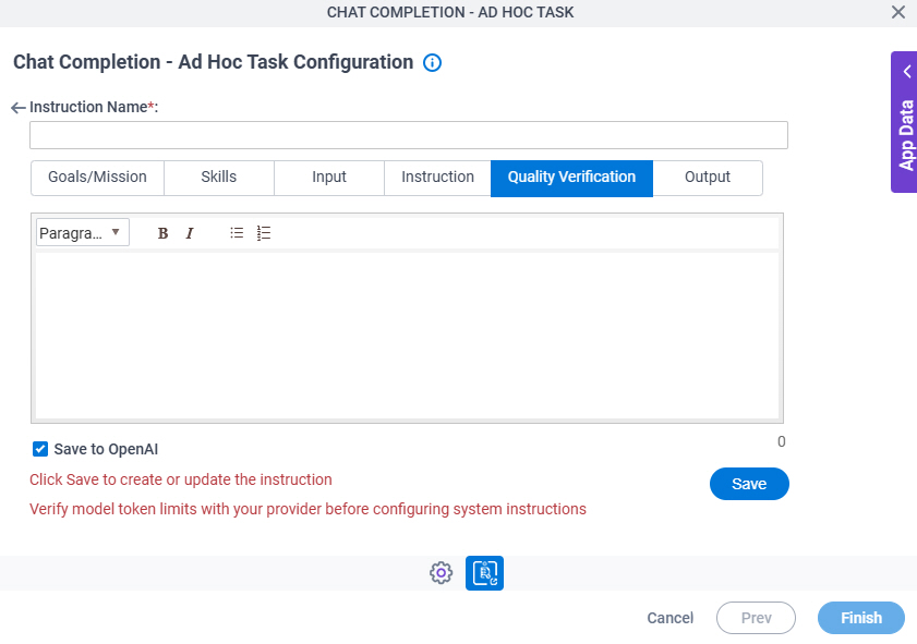 Chat Completion Ad Hoc Task Configuration System Instruction Quality Verification tab