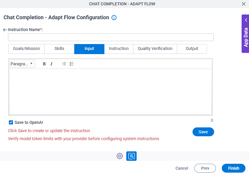 Chat Completion Adapt Flow Configuration System Instruction Input tab