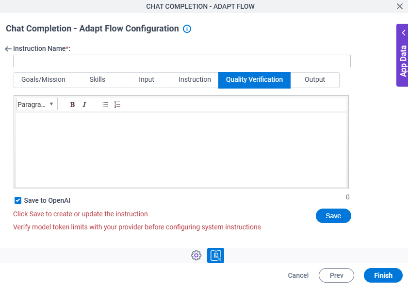 Chat Completion Adapt Flow Configuration System Instruction Quality Verification tab
