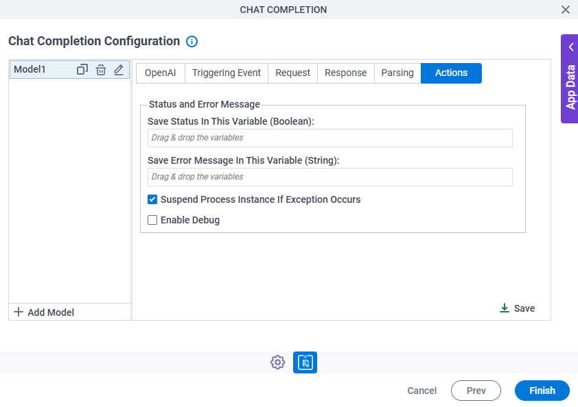 Chat Completion Configuration Actions tab