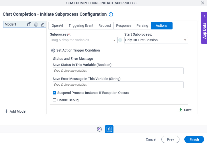 Chat Completion Initiate Subprocess Configuration Actions tab