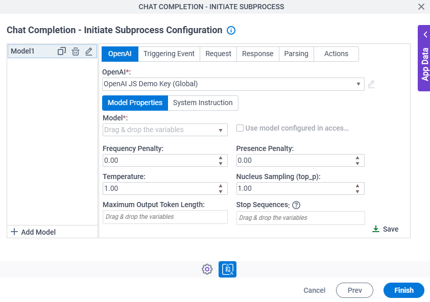 Chat Completion Initiate Subprocess Configuration OpenAI Model Properties tab