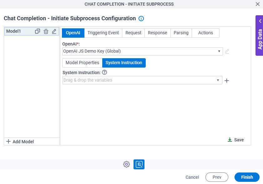 Chat Completion Initiate Subprocess Configuration OpenAI System Instruction tab