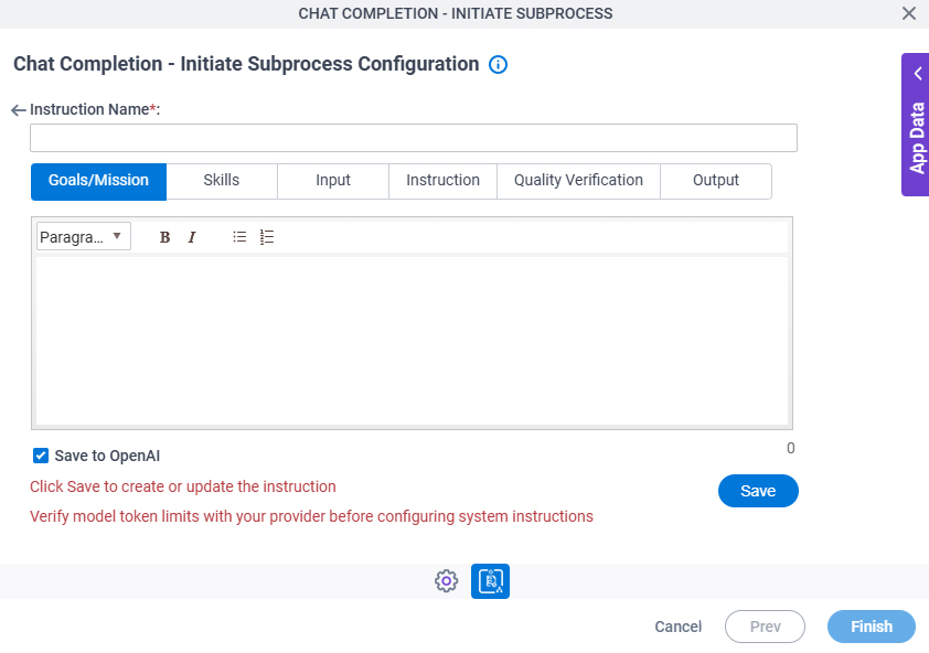 Chat Completion Initiate Subprocess Configuration System Instruction Goals Mission tab