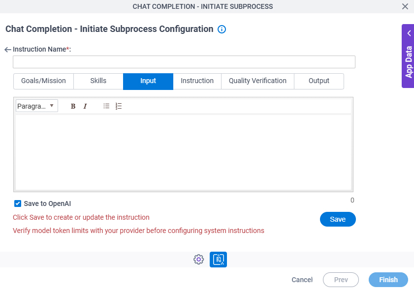 Chat Completion Initiate Subprocess Configuration System Instruction Input tab