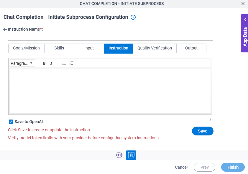 Chat Completion Initiate Subprocess Configuration System Instruction Instruction tab