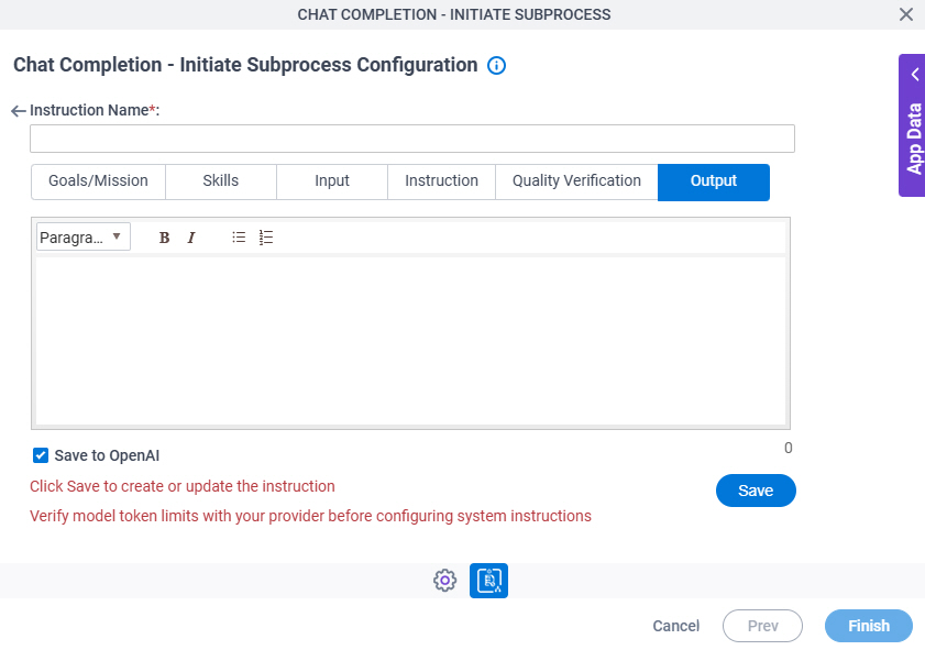 Chat Completion Initiate Subprocess Configuration System Instruction Output tab
