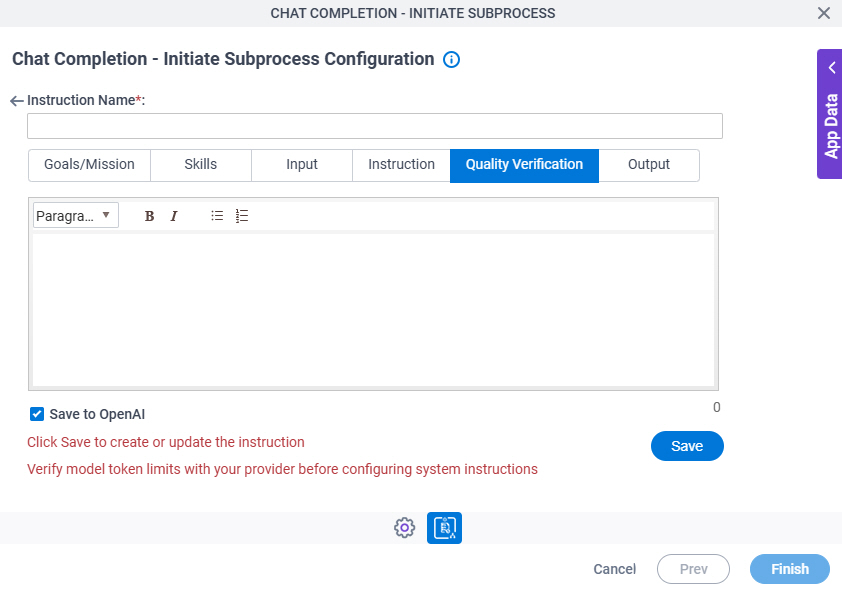 Chat Completion Initiate Subprocess Configuration System Instruction Quality Verification tab
