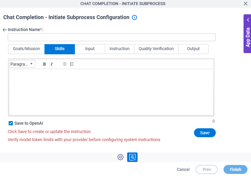Chat Completion Initiate Subprocess Configuration System Instruction Skills tab