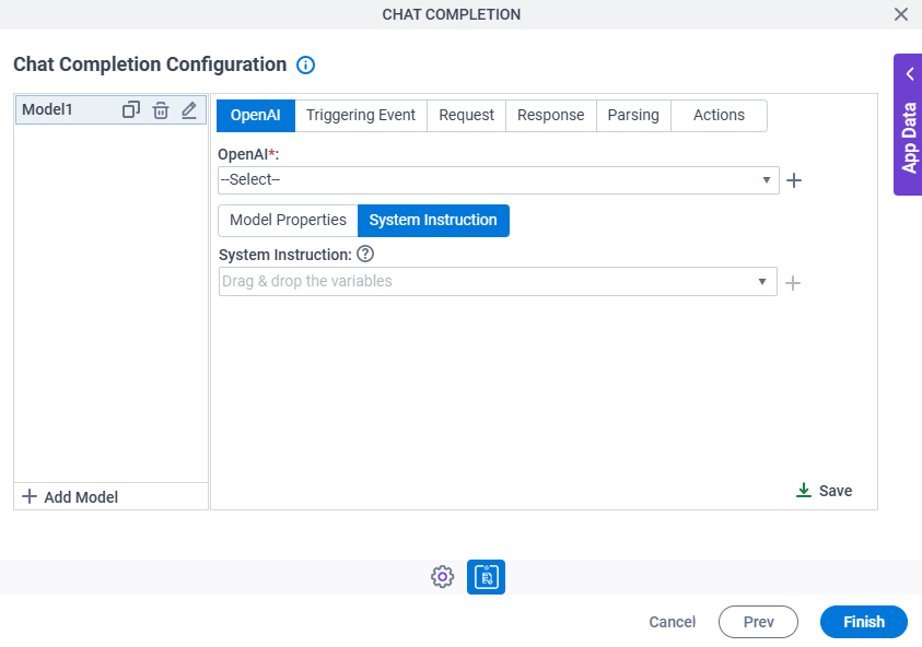 Chat Completion Configuration OpenAI System Instruction tab