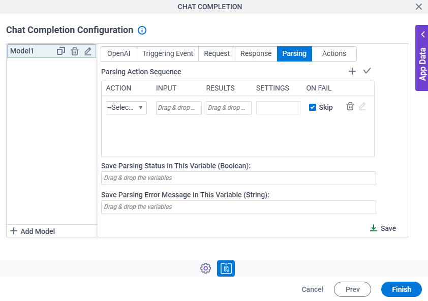 Chat Completion Configuration Parsing tab