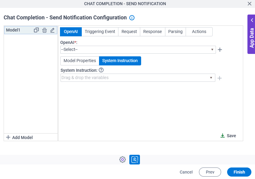Chat Completion Configuration OpenAI System Instruction tab