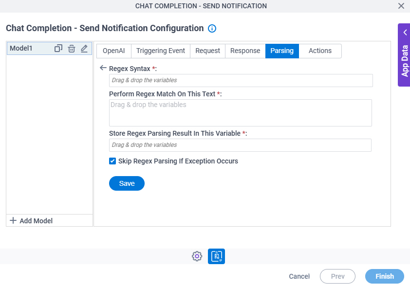 Chat Completion Send Notification Configuration Parsing Regex Parsing screen