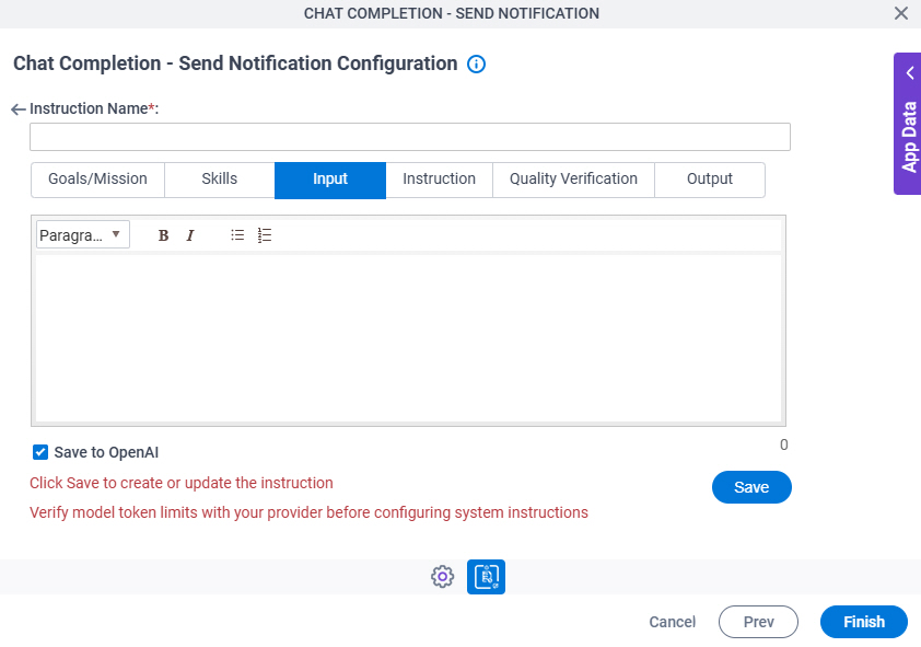 Chat Completion Send Notification Configuration System Instruction Input tab