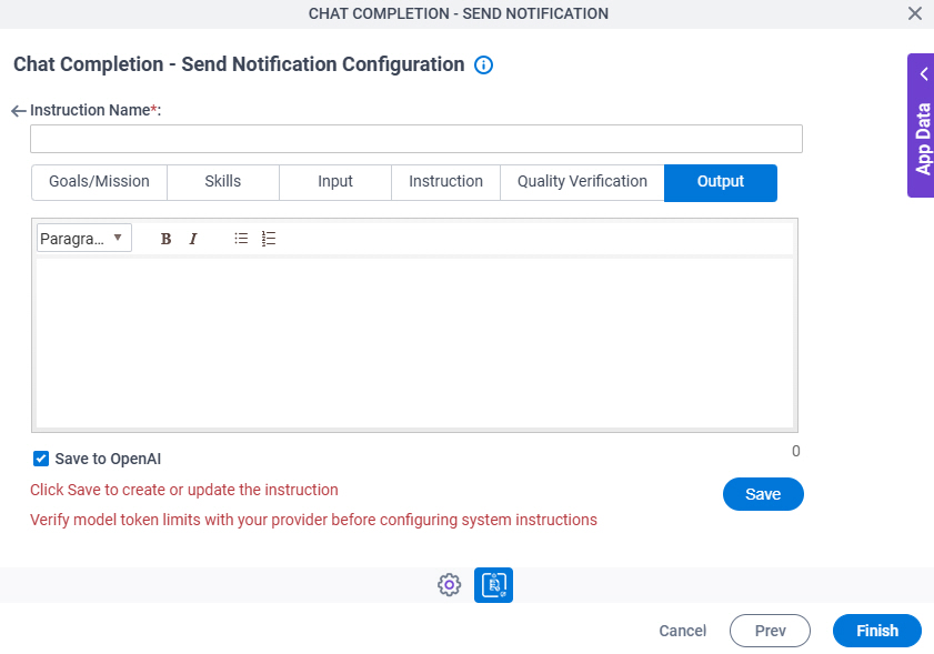 Chat Completion Send Notification Configuration System Instruction Output tab