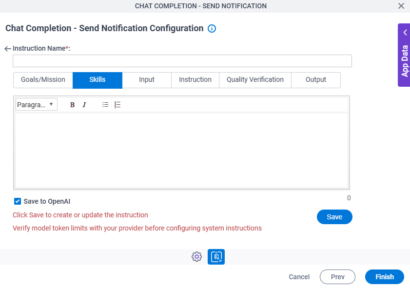 Chat Completion Send Notification Configuration System Instruction Skills tab