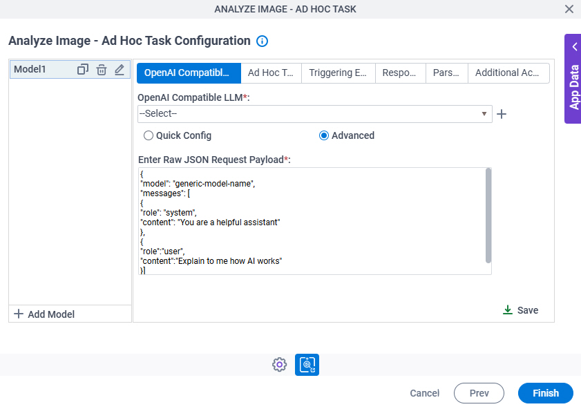 Analyze Image Ad Hoc Task Configuration OpenAI Compatible LLM Advanced tab
