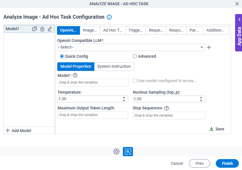 Analyze Image Ad Hoc Task Configuration OpenAI Compatible LLM Model Properties tab