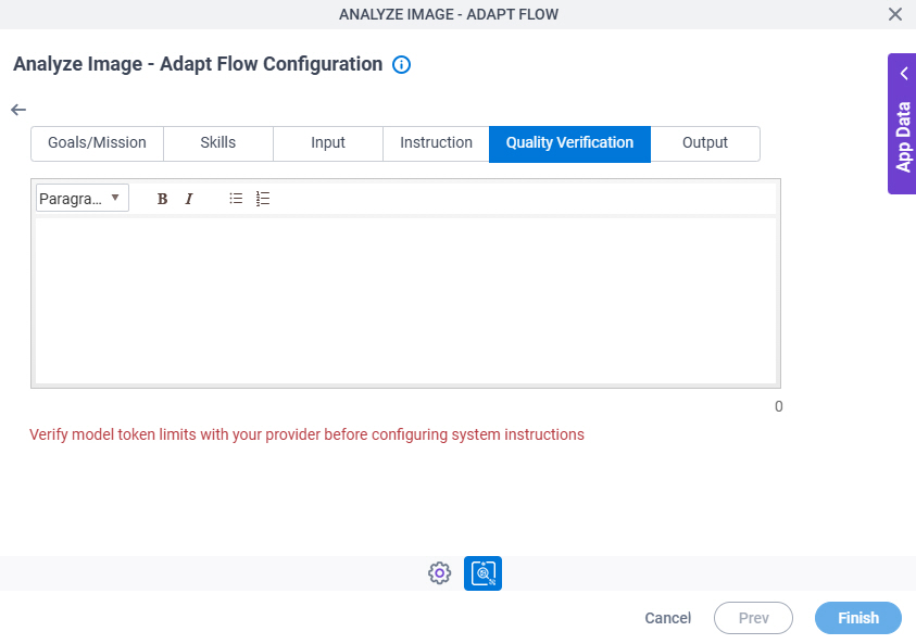 Analyze Image Adapt Flow Configuration System Instruction Quality Verification tab
