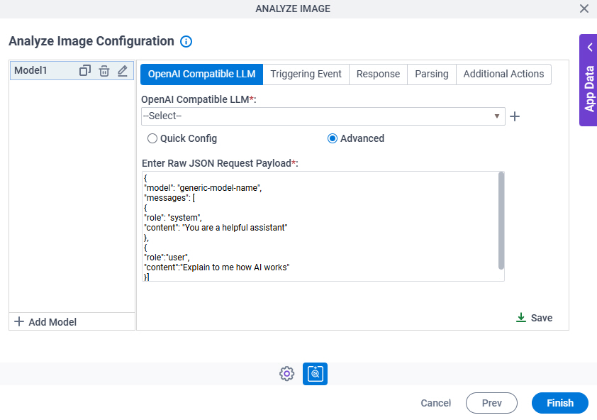 Analyze Image Configuration OpenAI Compatible LLM Advanced tab
