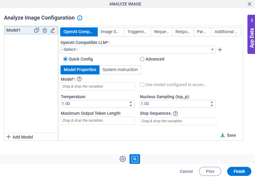 Analyze Image Configuration OpenAI Compatible LLM Model Properties tab