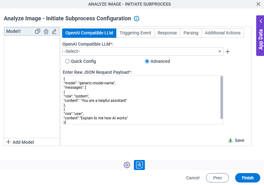 Analyze Image Initiate Subprocess Configuration OpenAI Compatible LLM Advanced tab