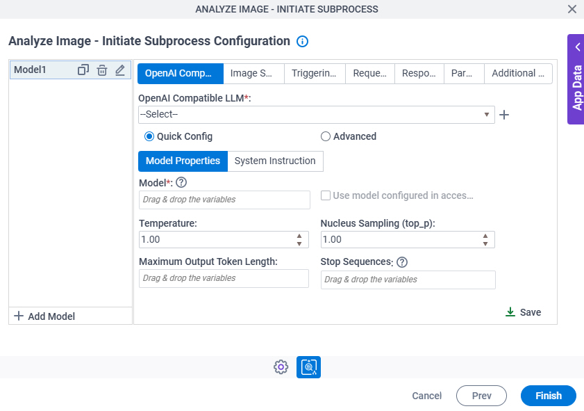 Analyze Image Initiate Subprocess Configuration OpenAI Compatible LLM Model Properties tab