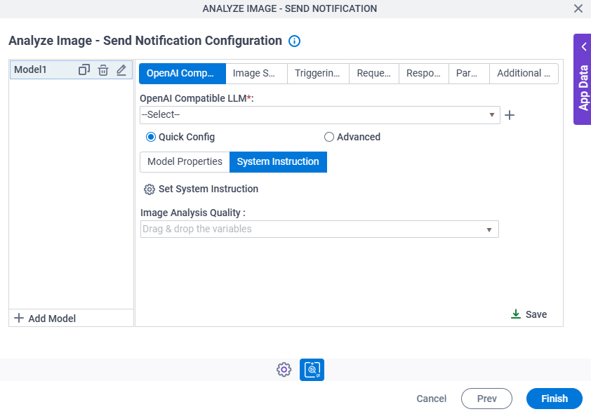 Analyze Image Send Notification Configuration OpenAI Compatible LLM Quick Config System Instruction tab