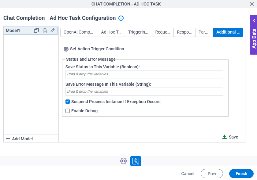 Chat Completion Ad Hoc Task Configuration Actions tab