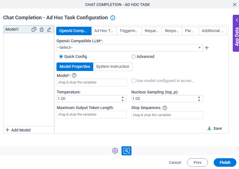 Chat Completion Ad Hoc Task Configuration OpenAI Compatible LLM Model Properties tab
