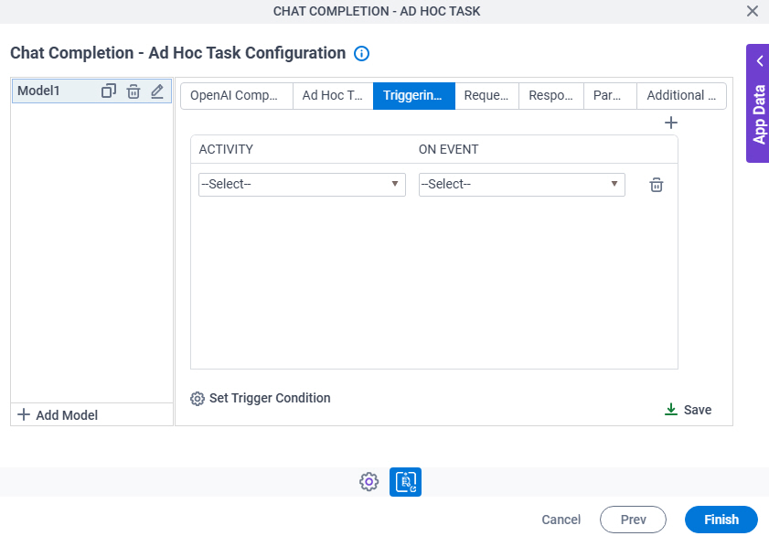 Chat Completion Ad Hoc Task Configuration Triggering Event tab