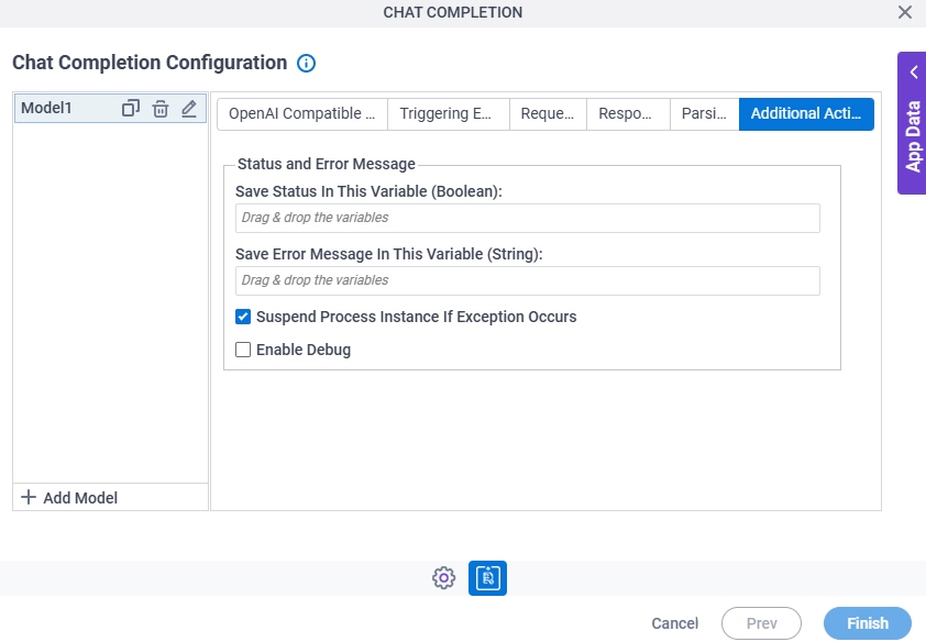 Chat Completion Configuration Additional Actions tab