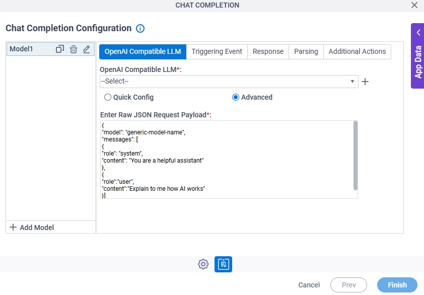 Chat Completion Configuration OpenAI Compatible LLM Advanced tab