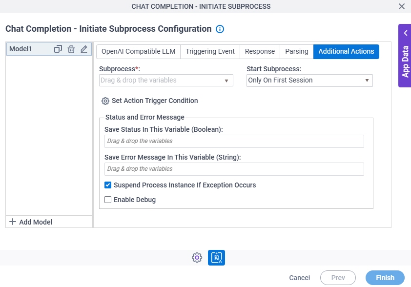 Chat Completion Initiate Subprocess Configuration Additional Actions tab
