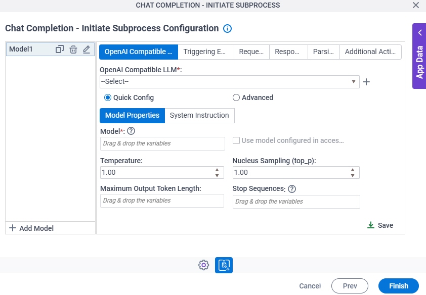 Chat Completion Adapt Flow Configuration OpenAI Compatible LLM Model Quick Config Properties tab