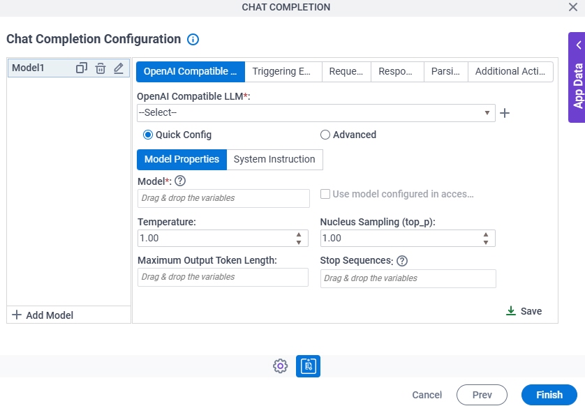 Chat Completion Configuration OpenAI Compatible LLM Quick Config Model Properties tab