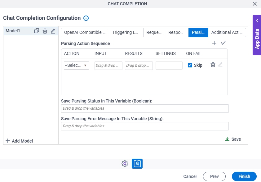 Chat Completion Configuration Parsing tab